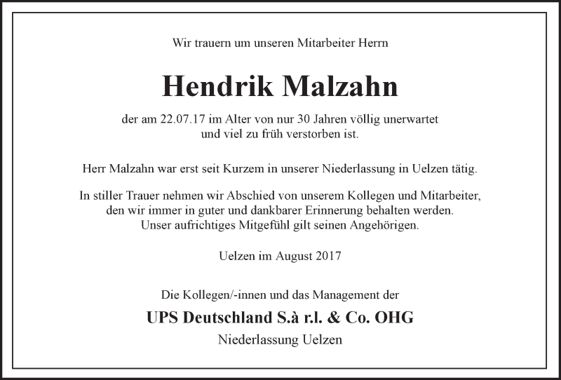  Traueranzeige für Hendrik Malzahn vom 04.08.2017 aus Neue Osnabrücker Zeitung GmbH & Co. KG