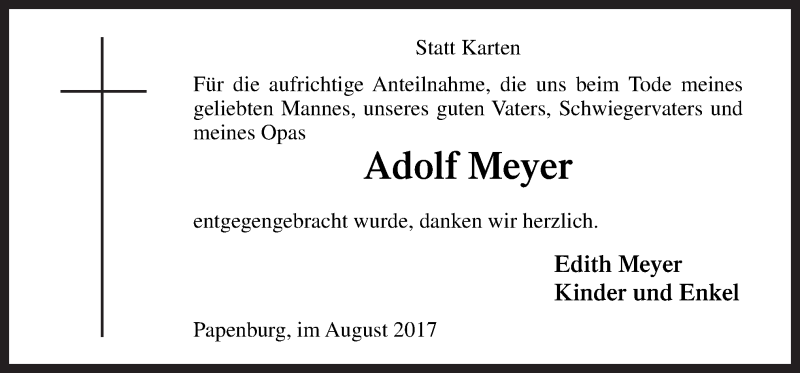  Traueranzeige für Adolf Meyer vom 12.08.2017 aus Neue Osnabrücker Zeitung GmbH & Co. KG