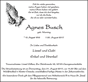 Traueranzeige von Agnes Busch von Neue Osnabrücker Zeitung GmbH & Co. KG