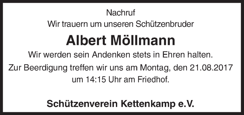  Traueranzeige für Albert Möllmann vom 19.08.2017 aus Neue Osnabrücker Zeitung GmbH & Co. KG