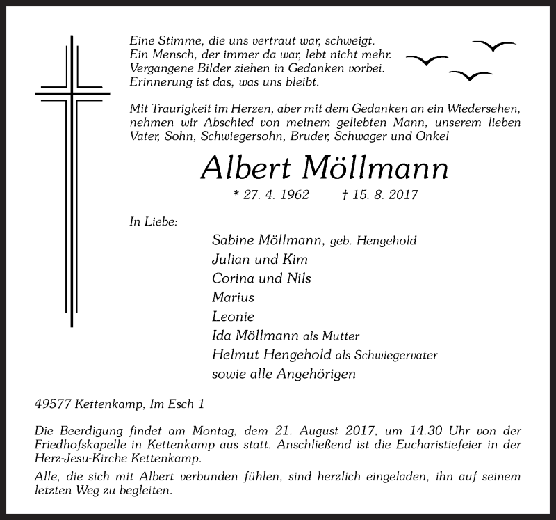  Traueranzeige für Albert Möllmann vom 18.08.2017 aus Neue Osnabrücker Zeitung GmbH & Co. KG