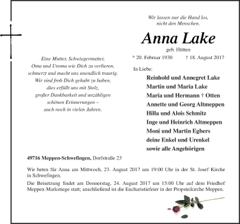 Traueranzeige von Anna Lake von Neue Osnabrücker Zeitung GmbH & Co. KG