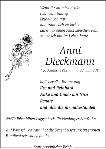 Traueranzeige von Anni Dieckmann von Neue Osnabrücker Zeitung GmbH & Co. KG