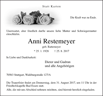 Traueranzeige von Anni Restemeyer von Neue Osnabrücker Zeitung GmbH & Co. KG