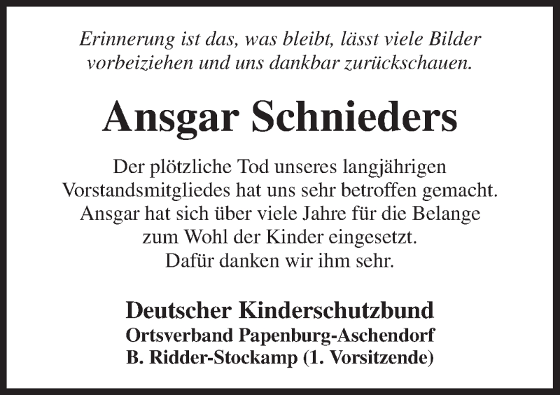  Traueranzeige für Ansgar Schnieders vom 31.08.2017 aus Neue Osnabrücker Zeitung GmbH & Co. KG