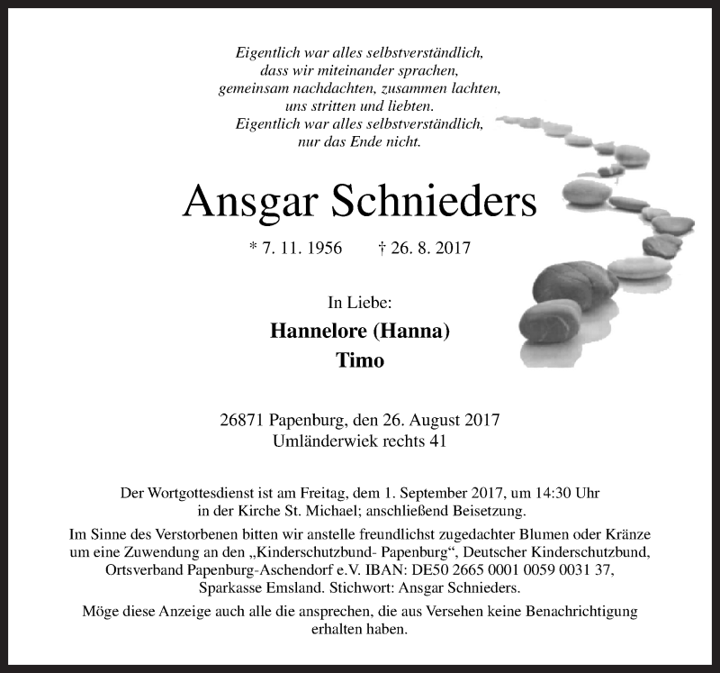  Traueranzeige für Ansgar Schnieders vom 29.08.2017 aus Neue Osnabrücker Zeitung GmbH & Co. KG