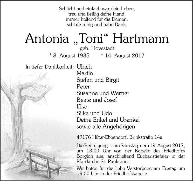  Traueranzeige für Antonia Hartmann vom 17.08.2017 aus Neue Osnabrücker Zeitung GmbH & Co. KG