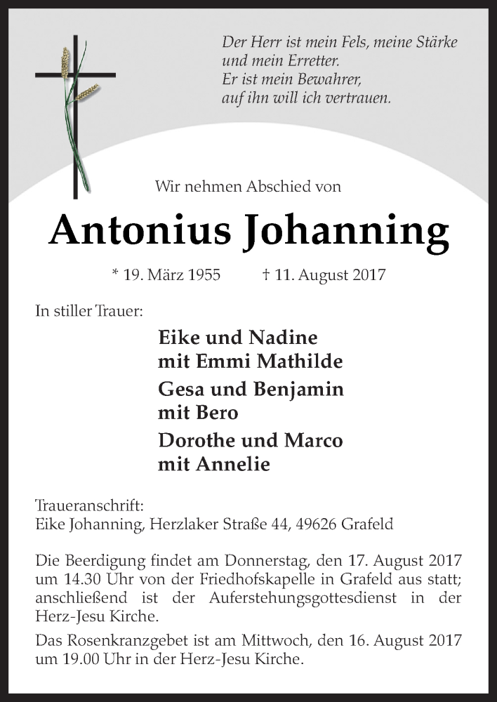 Traueranzeige für Antonius Johanning vom 15.08.2017 aus Neue Osnabrücker Zeitung GmbH & Co. KG