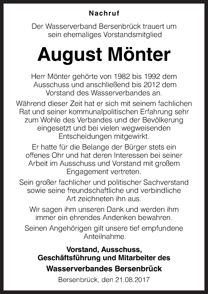  Traueranzeige für August Mönter vom 21.08.2017 aus Neue Osnabrücker Zeitung GmbH & Co. KG