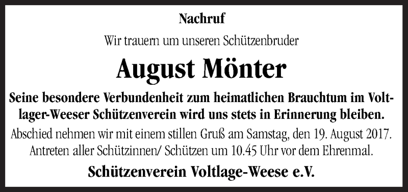  Traueranzeige für August Mönter vom 18.08.2017 aus Neue Osnabrücker Zeitung GmbH & Co. KG