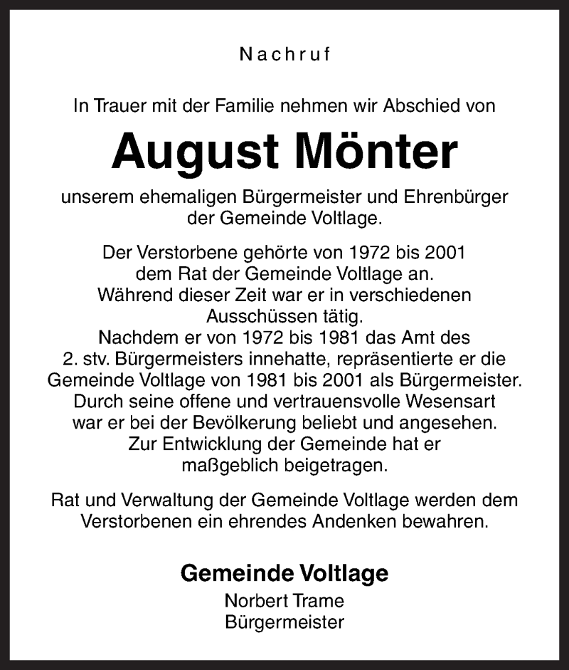  Traueranzeige für August Mönter vom 19.08.2017 aus Neue Osnabrücker Zeitung GmbH & Co. KG