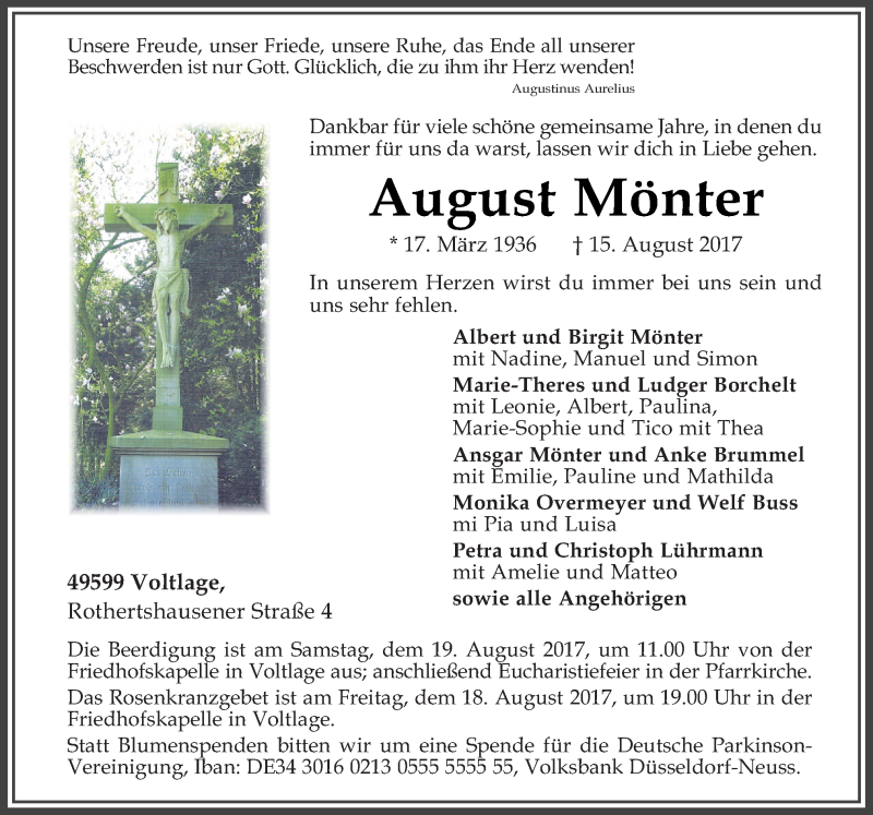  Traueranzeige für August Mönter vom 17.08.2017 aus Neue Osnabrücker Zeitung GmbH & Co. KG