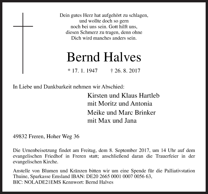  Traueranzeige für Bernd Halves vom 31.08.2017 aus Neue Osnabrücker Zeitung GmbH & Co. KG