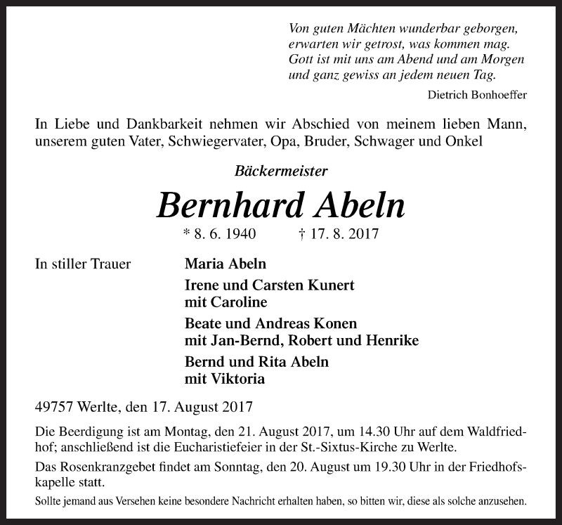  Traueranzeige für Bernhard Abeln vom 19.08.2017 aus Neue Osnabrücker Zeitung GmbH & Co. KG