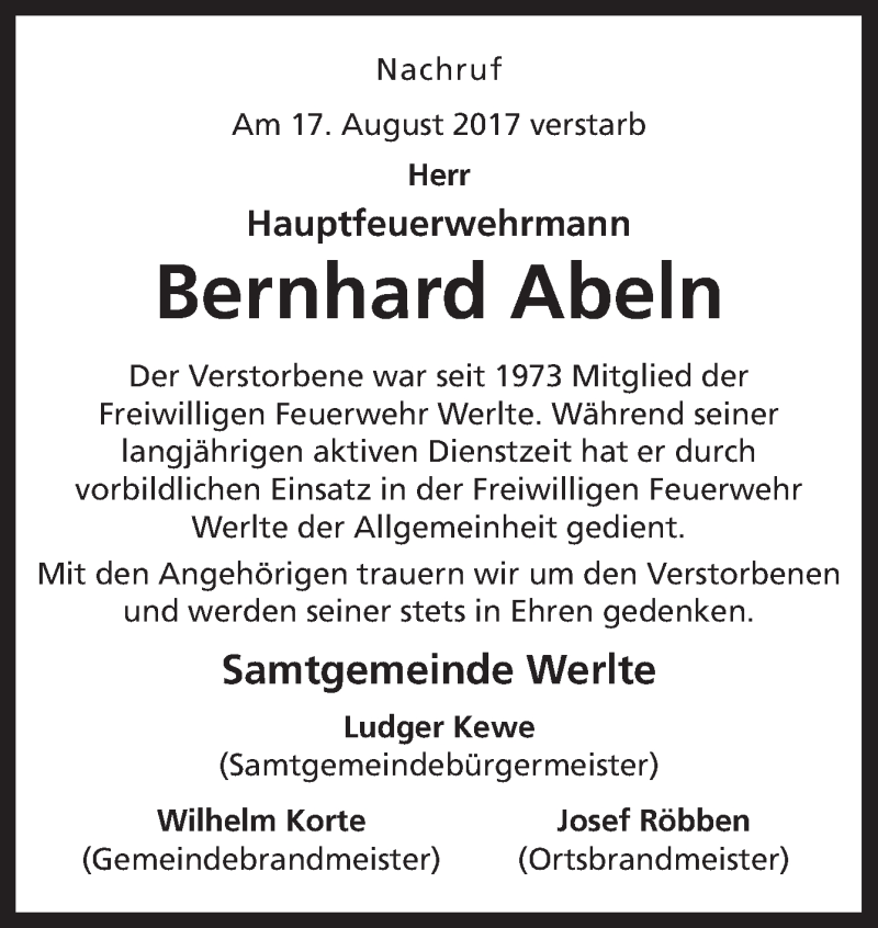  Traueranzeige für Bernhard Abeln vom 19.08.2017 aus Neue Osnabrücker Zeitung GmbH & Co. KG