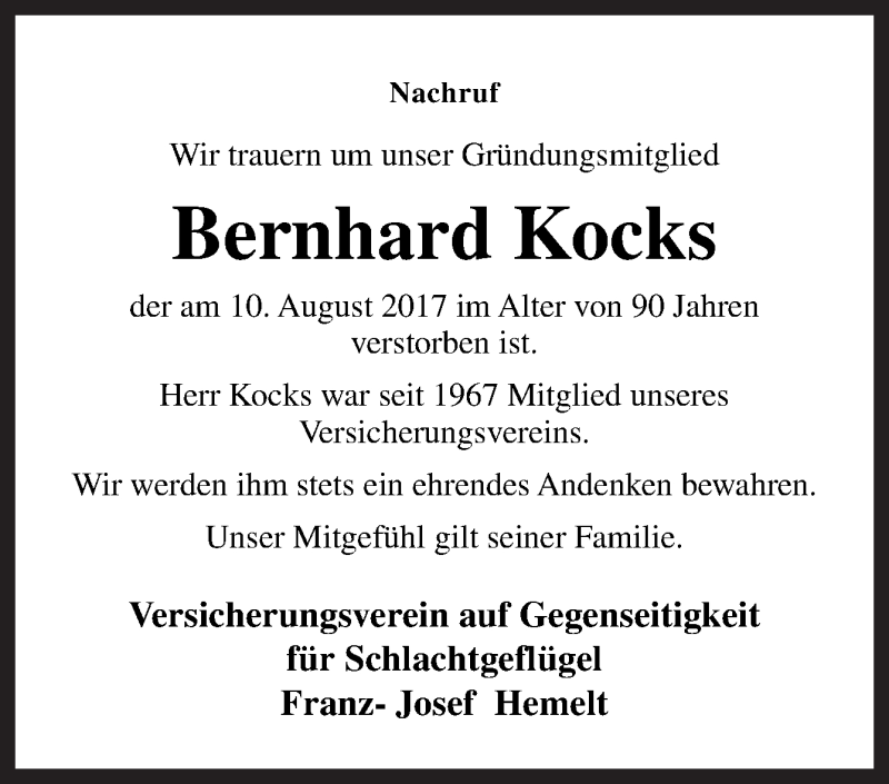  Traueranzeige für Bernhard Kocks vom 14.08.2017 aus Neue Osnabrücker Zeitung GmbH & Co. KG