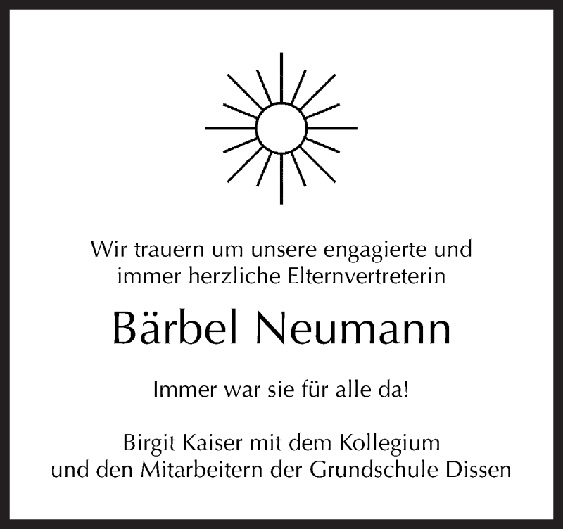  Traueranzeige für Bärbel Neumann vom 09.08.2017 aus Neue Osnabrücker Zeitung GmbH & Co. KG