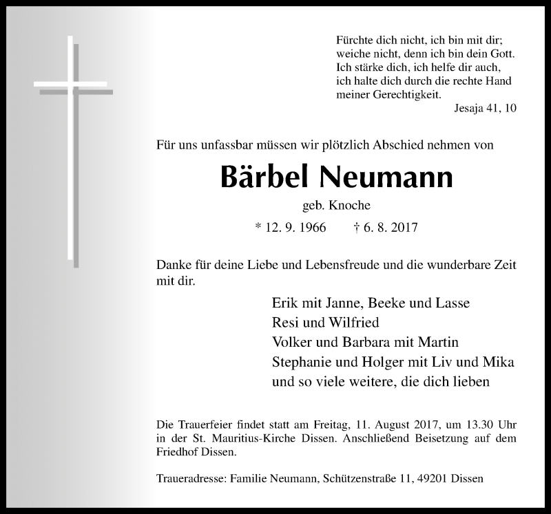  Traueranzeige für Bärbel Neumann vom 09.08.2017 aus Neue Osnabrücker Zeitung GmbH & Co. KG