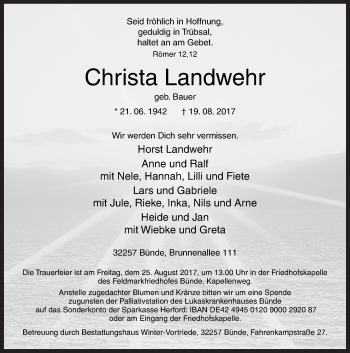 Traueranzeige von Christa Landwehr von Neue Osnabrücker Zeitung GmbH & Co. KG