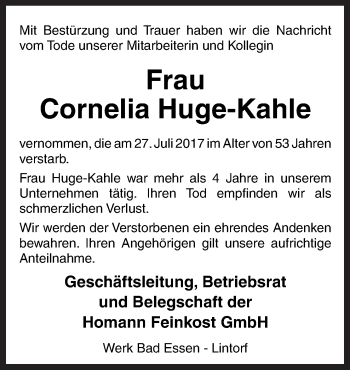 Traueranzeige von Cornelia Huge-Kahle von Neue Osnabrücker Zeitung GmbH & Co. KG