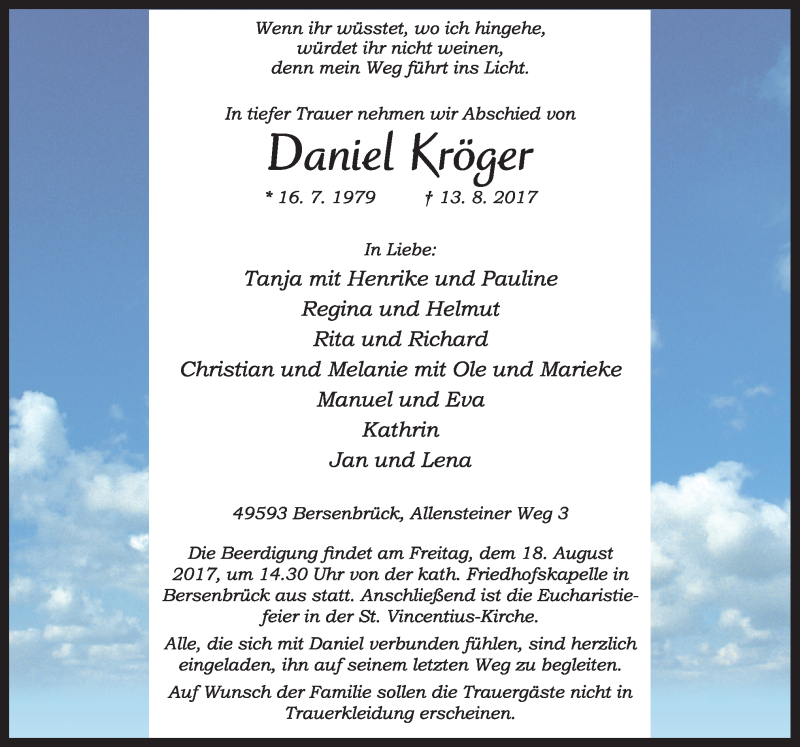  Traueranzeige für Daniel Kröger vom 15.08.2017 aus Neue Osnabrücker Zeitung GmbH & Co. KG