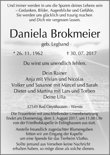 Traueranzeige von Daniela Brokmeier von Neue Osnabrücker Zeitung GmbH & Co. KG