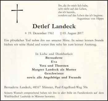 Traueranzeige von Detlef Landeck von Neue Osnabrücker Zeitung GmbH & Co. KG