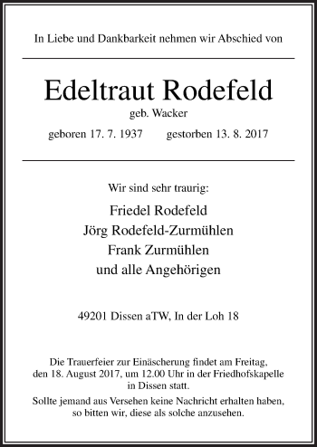 Traueranzeige von Edeltraut Rodefeld von Neue Osnabrücker Zeitung GmbH & Co. KG