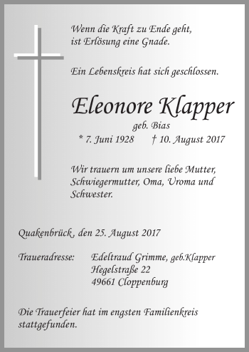 Traueranzeige von Eleonore Klapper von Neue Osnabrücker Zeitung GmbH & Co. KG