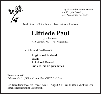 Traueranzeige von Elfriede Paul von Neue Osnabrücker Zeitung GmbH & Co. KG