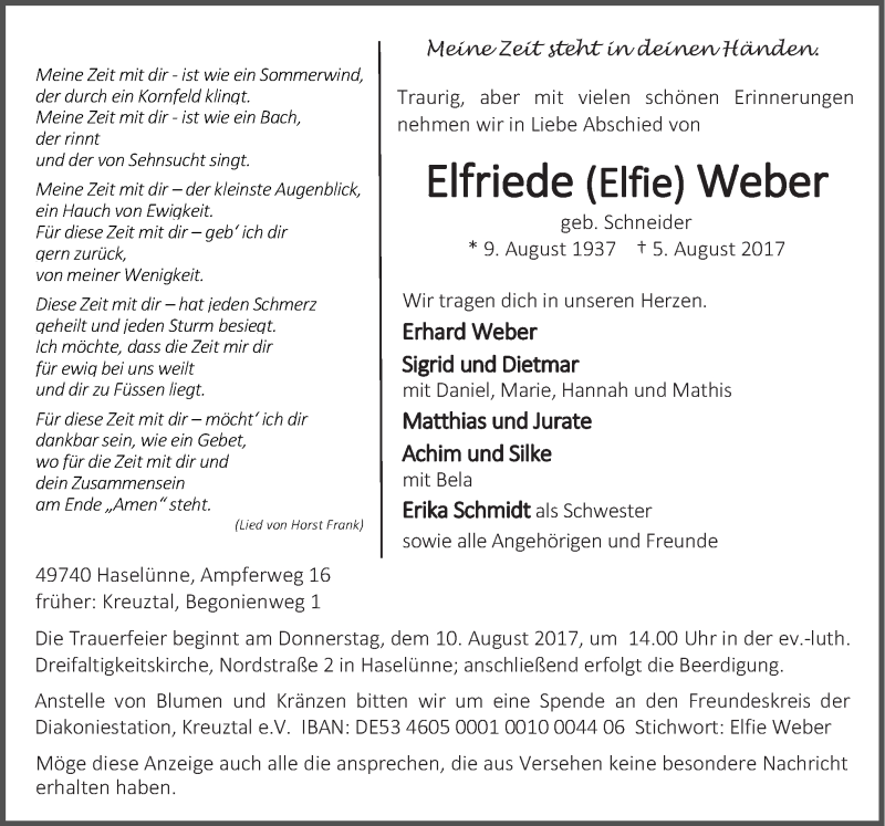  Traueranzeige für Elfriede Weber vom 08.08.2017 aus Neue Osnabrücker Zeitung GmbH & Co. KG