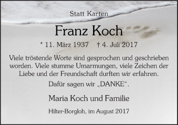 Traueranzeige von Franz Koch von Neue Osnabrücker Zeitung GmbH & Co. KG