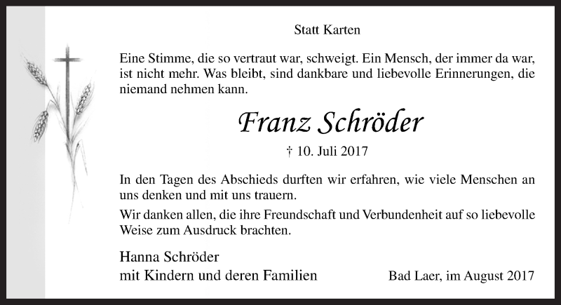  Traueranzeige für Franz Schröder vom 26.08.2017 aus Neue Osnabrücker Zeitung GmbH & Co. KG