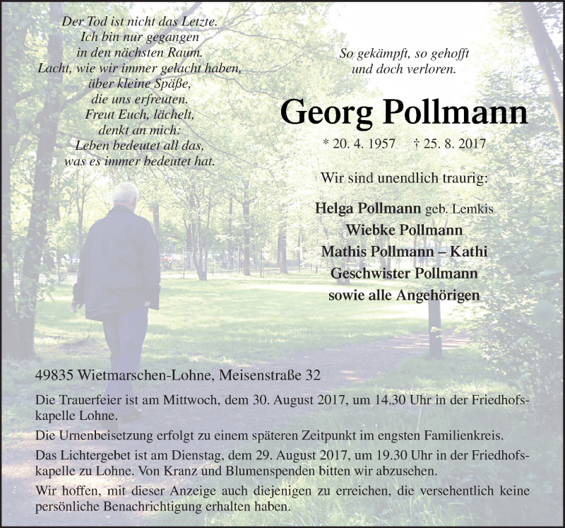  Traueranzeige für Georg Pollmann vom 28.08.2017 aus Neue Osnabrücker Zeitung GmbH & Co. KG