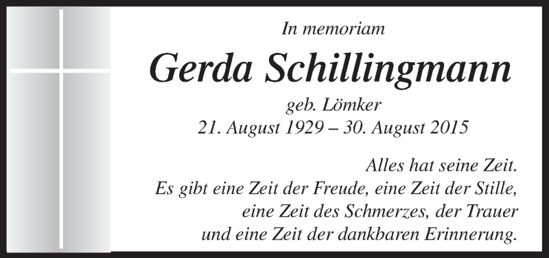  Traueranzeige für Gerda Schillingmann vom 30.08.2017 aus Neue Osnabrücker Zeitung GmbH & Co. KG