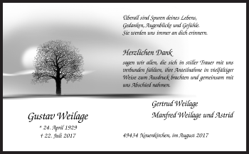 Traueranzeige von Gustav Weilage von Neue Osnabrücker Zeitung GmbH & Co. KG