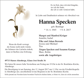 Traueranzeige von Hanna Specken von Neue Osnabrücker Zeitung GmbH & Co. KG