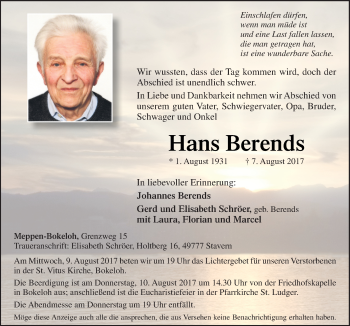 Traueranzeige von Hans Berends von Neue Osnabrücker Zeitung GmbH & Co. KG