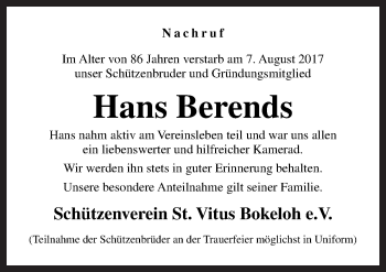 Traueranzeige von Hans Berends von Neue Osnabrücker Zeitung GmbH & Co. KG