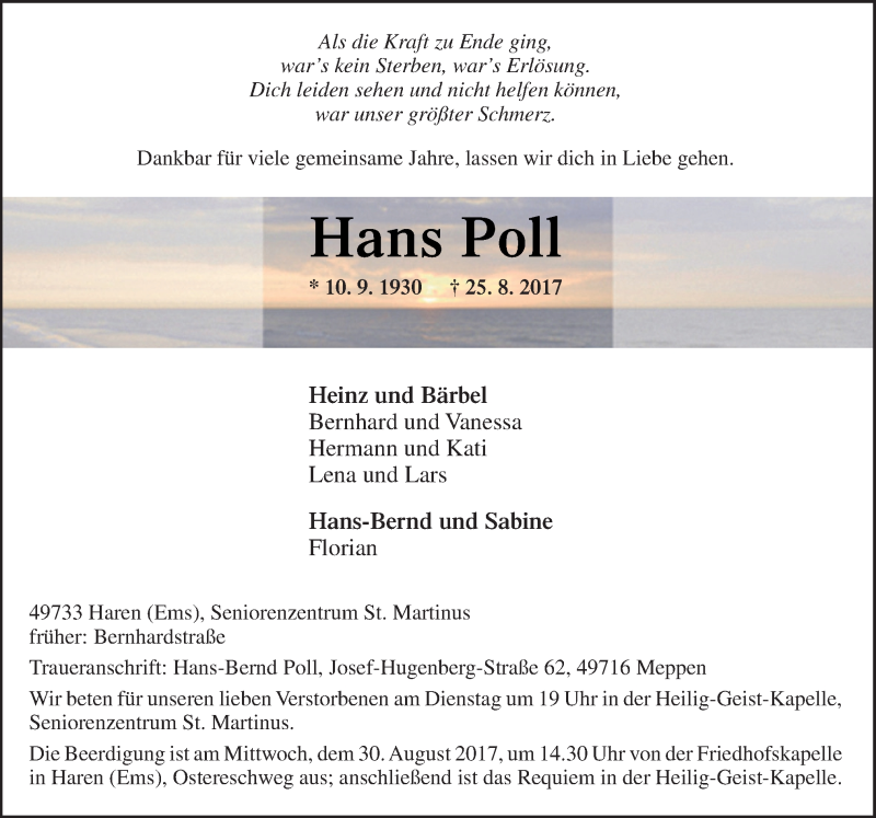  Traueranzeige für Hans Poll vom 28.08.2017 aus Neue Osnabrücker Zeitung GmbH & Co. KG