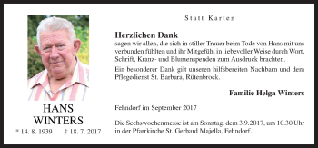 Traueranzeige von Hans Winters von Neue Osnabrücker Zeitung GmbH & Co. KG