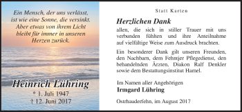 Traueranzeige von Heinrich Lühring von Neue Osnabrücker Zeitung GmbH & Co. KG