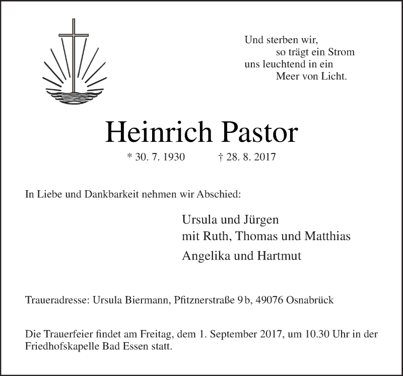  Traueranzeige für Heinrich Pastor vom 30.08.2017 aus Neue Osnabrücker Zeitung GmbH & Co. KG