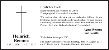 Traueranzeige von Heinrich Remme von Neue Osnabrücker Zeitung GmbH & Co. KG