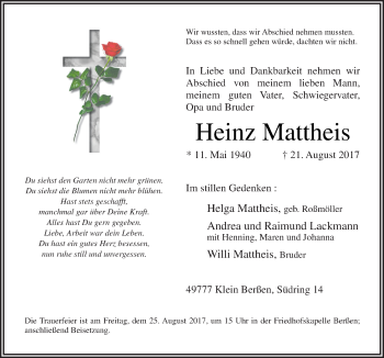 Traueranzeige von Heinz Mattheis von Neue Osnabrücker Zeitung GmbH & Co. KG