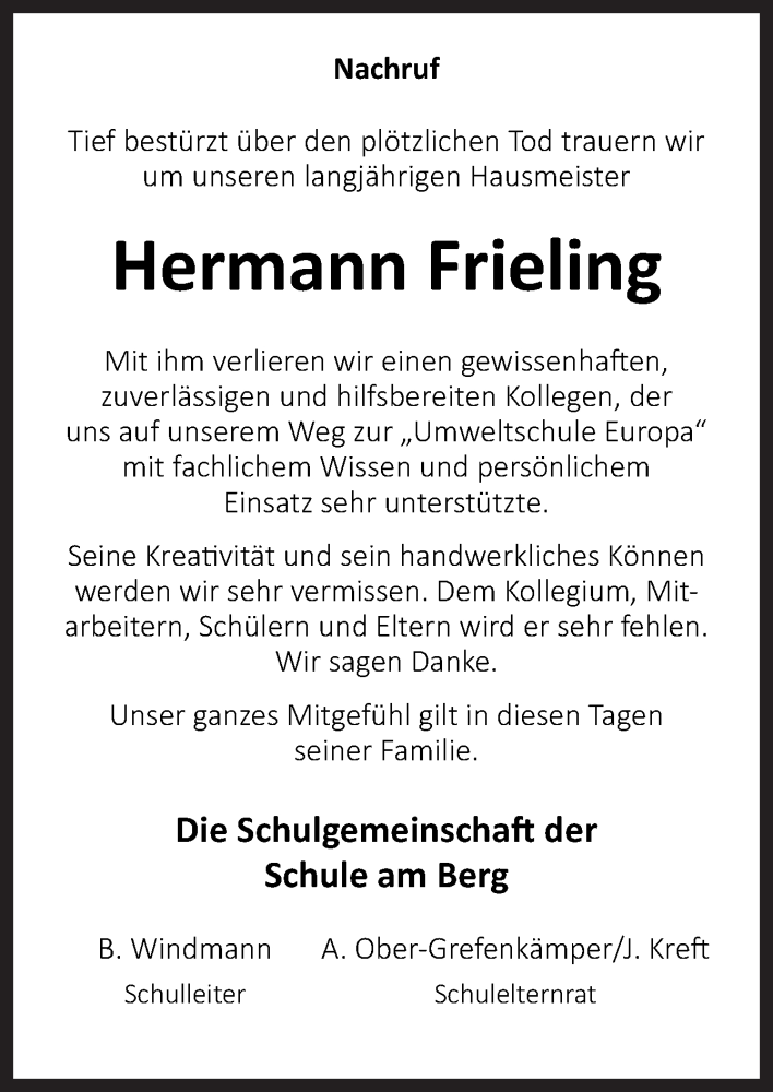  Traueranzeige für Hermann Frieling vom 31.08.2017 aus Neue Osnabrücker Zeitung GmbH & Co. KG