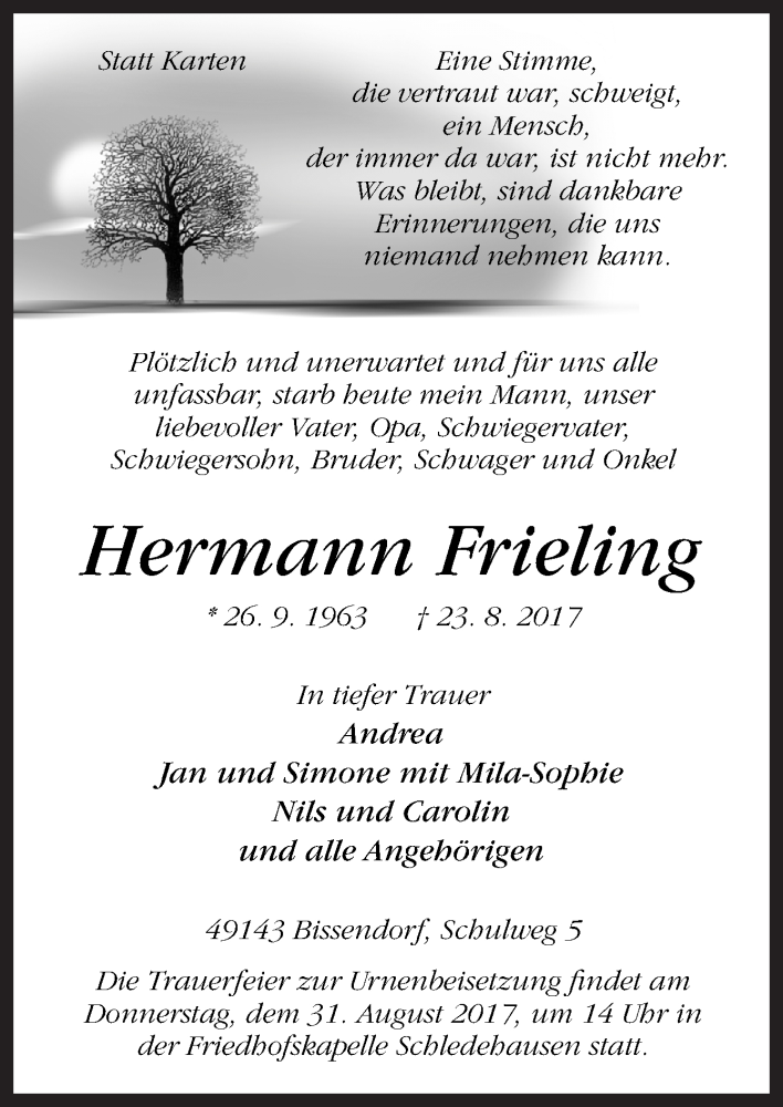  Traueranzeige für Hermann Frieling vom 28.08.2017 aus Neue Osnabrücker Zeitung GmbH & Co. KG