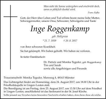 Traueranzeige von Inge Roggenkamp von Neue Osnabrücker Zeitung GmbH & Co. KG