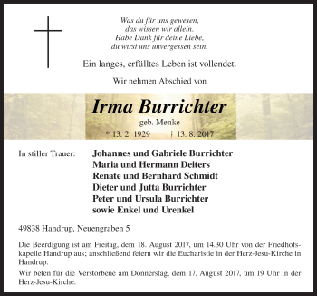 Traueranzeige von Irma Burrichter von Neue Osnabrücker Zeitung GmbH & Co. KG