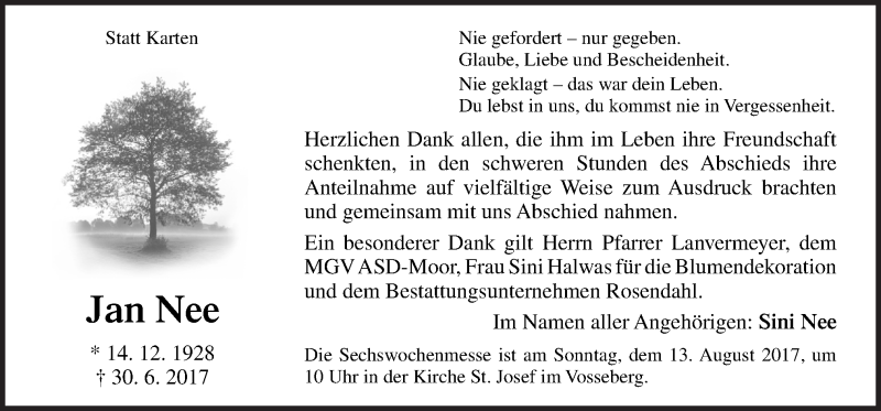  Traueranzeige für Jan Nee vom 09.08.2017 aus Neue Osnabrücker Zeitung GmbH & Co. KG